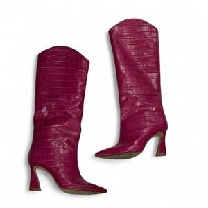 Schutz Maryana Flare Crocodile Leather High Heel Pointed Toe Boot Violet Pink